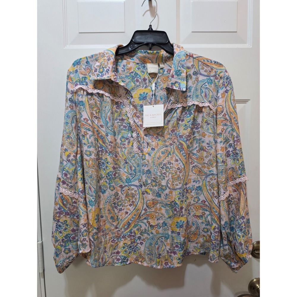NWT Zac & Rachel Woman Paisley Lace Trim Blouse Pastel Floral 1X Plus Size
